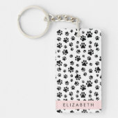 Paw Pattern, Dog Paws, Black and White, Jouw naam Sleutelhanger (Voorkant)