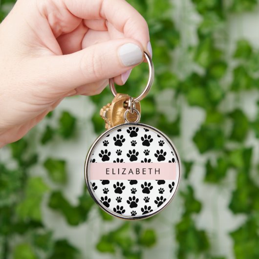 Paw Pattern, Dog Paws, Black and White, Jouw naam Sleutelhanger (Hand)