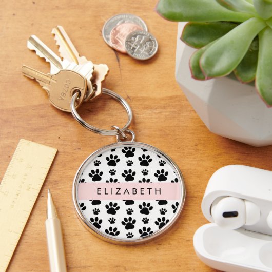 Paw Pattern, Dog Paws, Black and White, Jouw naam Sleutelhanger (Bureau)