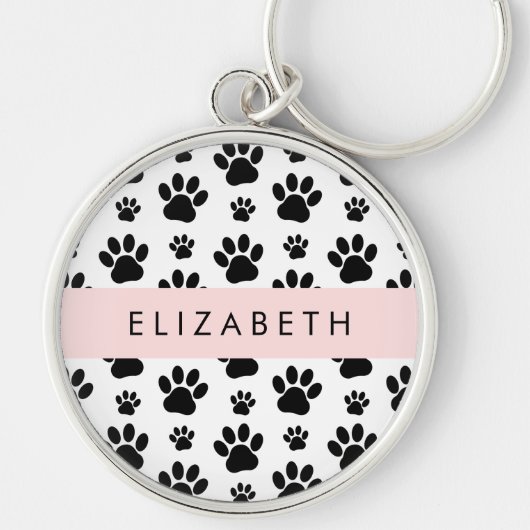 Paw Pattern, Dog Paws, Black and White, Jouw naam Sleutelhanger (Voorkant)