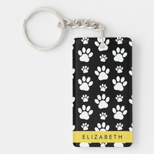 Paw Pattern, Dog Paws, Black and White, Jouw naam Sleutelhanger (Voorkant)