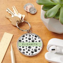 Paw Pattern, Dog Paws, Black and White, Jouw naam Sleutelhanger