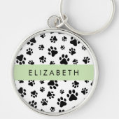 Paw Pattern, Dog Paws, Black and White, Jouw naam Sleutelhanger (Voorkant)