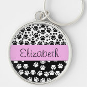 Paw Pattern, Dog Paws, Black and White, Jouw naam Sleutelhanger (Voorkant)