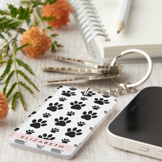 Paw Pattern, Dog Paws, Black and White, Jouw naam Sleutelhanger (Voorkant Rechts)