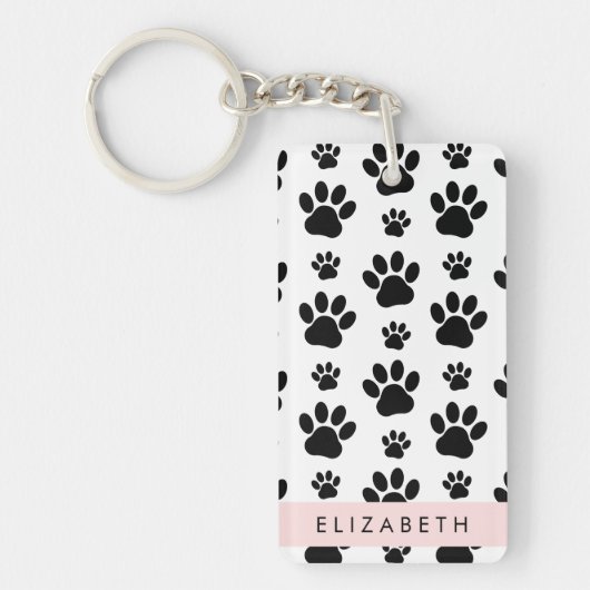 Paw Pattern, Dog Paws, Black and White, Jouw naam Sleutelhanger (Voorkant)