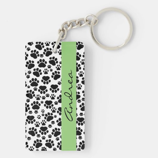 Paw Pattern, Dog Paws, Black and White, Jouw naam Sleutelhanger (achterkant)