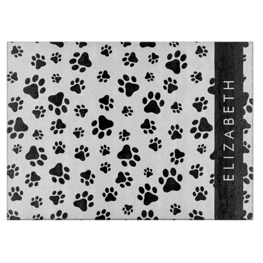 Paw Pattern, Dog Paws, Black and White, Jouw naam Snijplank (Voorkant)