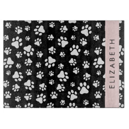 Paw Pattern, Dog Paws, Black and White, Jouw naam Snijplank