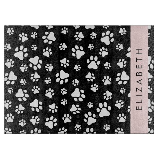 Paw Pattern, Dog Paws, Black and White, Jouw naam Snijplank (Voorkant)