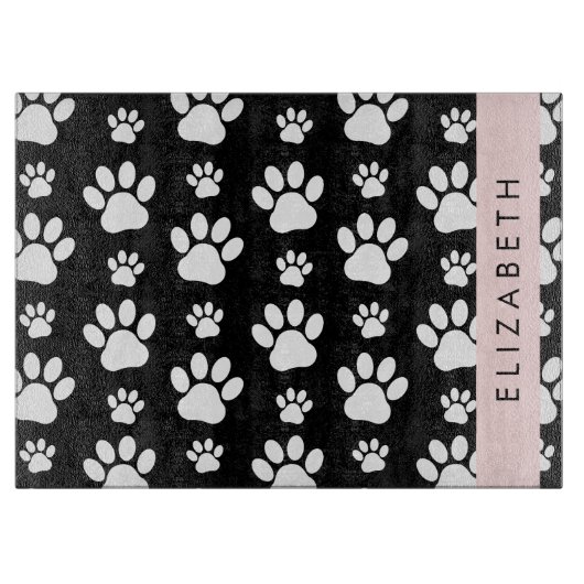 Paw Pattern, Dog Paws, Black and White, Jouw naam Snijplank (Voorkant)