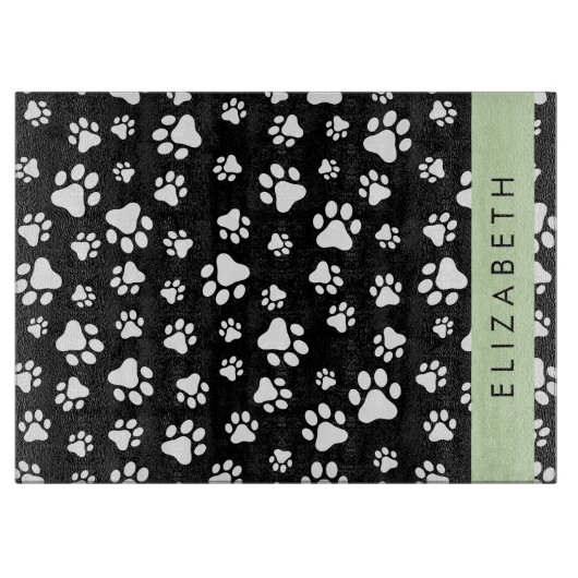 Paw Pattern, Dog Paws, Black and White, Jouw naam Snijplank (Voorkant)
