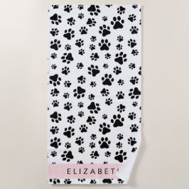 Paw Pattern, Dog Paws, Black and White, Jouw naam Strandlaken