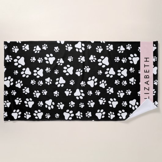Paw Pattern, Dog Paws, Black and White, Jouw naam Strandlaken (Voorkant)