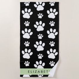 Paw Pattern, Dog Paws, Black and White, Jouw naam Strandlaken