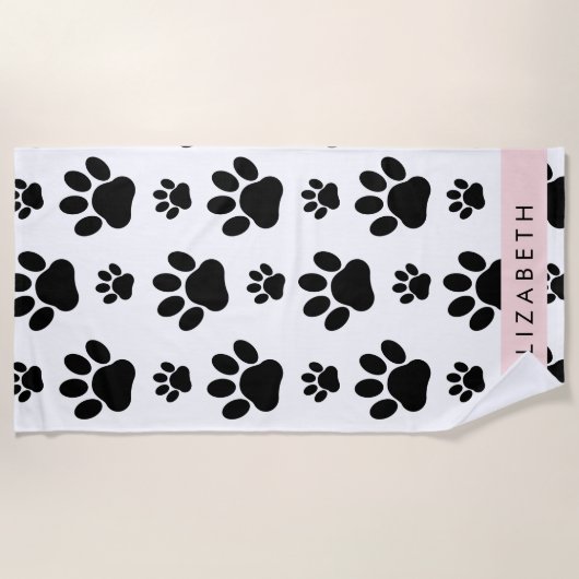 Paw Pattern, Dog Paws, Black and White, Jouw naam Strandlaken (Voorkant)