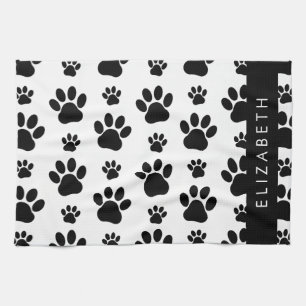 Paw Pattern, Dog Paws, Black and White, Jouw naam Theedoek