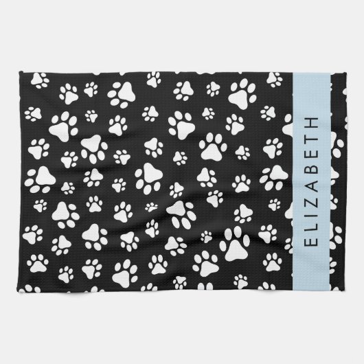 Paw Pattern, Dog Paws, Black and White, Jouw naam Theedoek (Horizontaal)