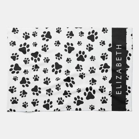 Paw Pattern, Dog Paws, Black and White, Jouw naam Theedoek (Horizontaal)