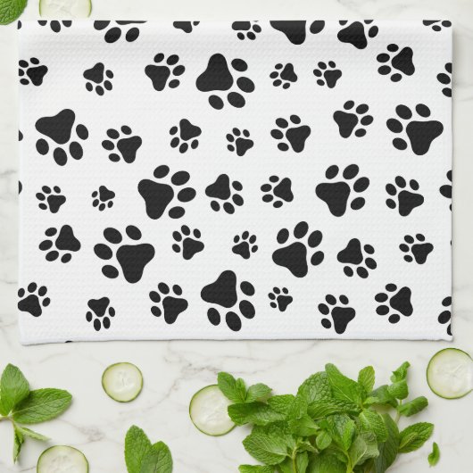 Paw Pattern, Dog Paws, Black and White, Jouw naam Theedoek (Gevouwen)