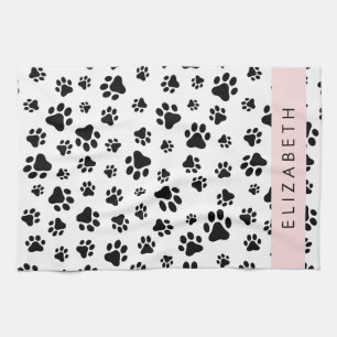 Paw Pattern, Dog Paws, Black and White, Jouw naam Theedoek