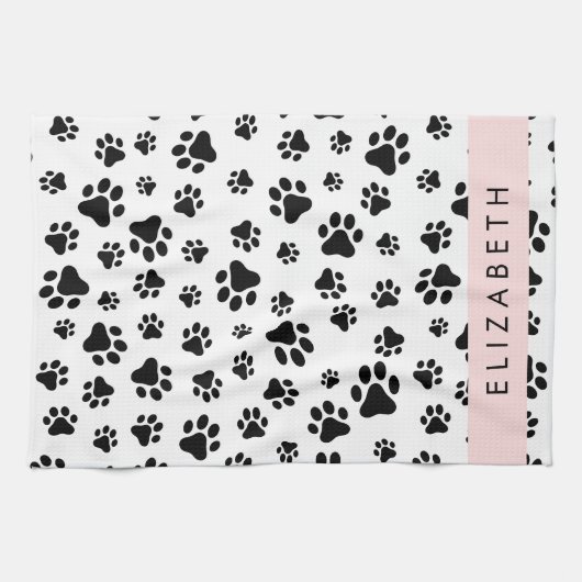 Paw Pattern, Dog Paws, Black and White, Jouw naam Theedoek (Horizontaal)