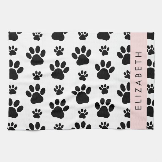 Paw Pattern, Dog Paws, Black and White, Jouw naam Theedoek (Horizontaal)