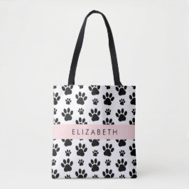Paw Pattern, Dog Paws, Black and White, Jouw naam Tote Bag