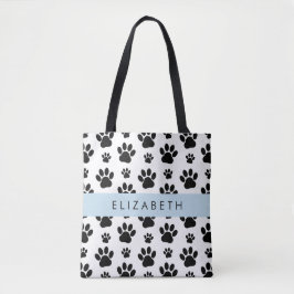 Paw Pattern, Dog Paws, Black and White, Jouw naam Tote Bag