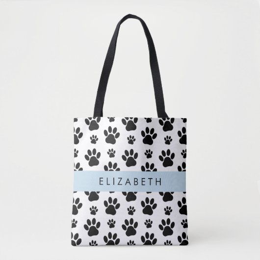 Paw Pattern, Dog Paws, Black and White, Jouw naam Tote Bag (Voorkant)