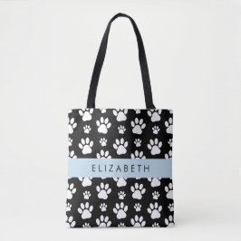 Paw Pattern, Dog Paws, Black and White, Jouw naam Tote Bag