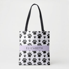 Paw Pattern, Dog Paws, Black and White, Jouw naam Tote Bag
