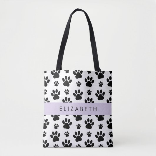 Paw Pattern, Dog Paws, Black and White, Jouw naam Tote Bag (Voorkant)