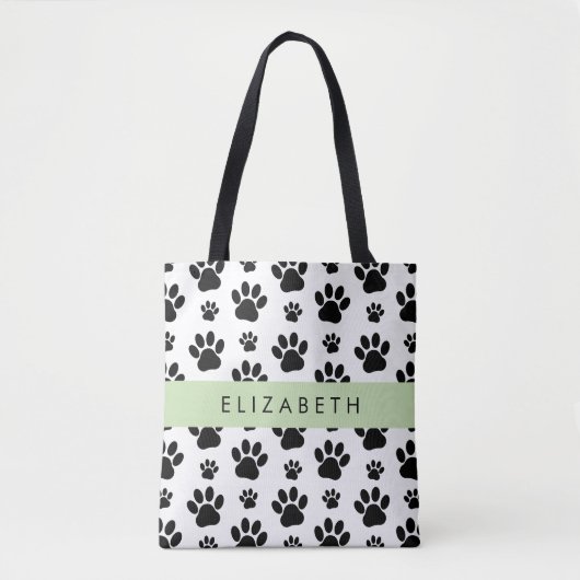 Paw Pattern, Dog Paws, Black and White, Jouw naam Tote Bag (Voorkant)