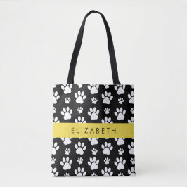 Paw Pattern, Dog Paws, Black and White, Jouw naam Tote Bag