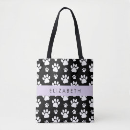 Paw Pattern, Dog Paws, Black and White, Jouw naam Tote Bag