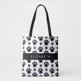 Paw Pattern, Dog Paws, Black and White, Jouw naam Tote Bag
