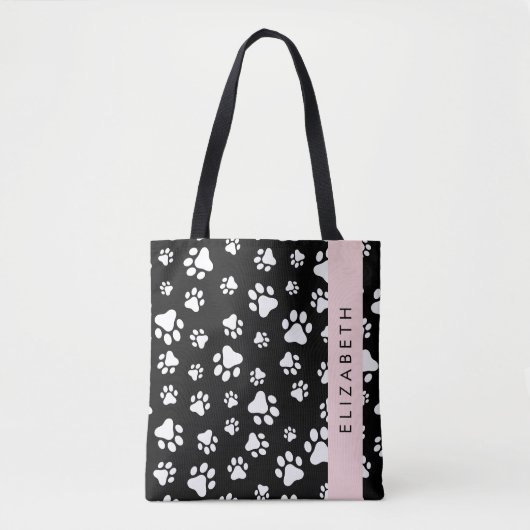 Paw Pattern, Dog Paws, Black and White, Jouw naam Tote Bag (Voorkant)