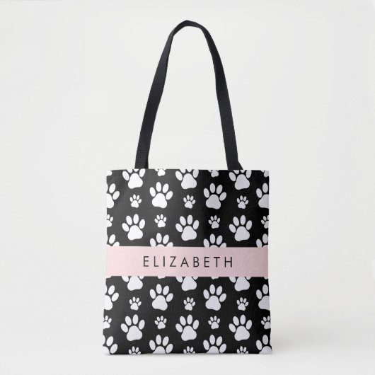 Paw Pattern, Dog Paws, Black and White, Jouw naam Tote Bag (Voorkant)