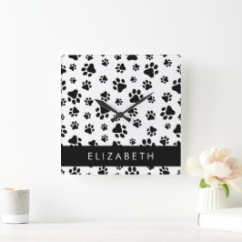 Paw Pattern, Dog Paws, Black and White, Jouw naam Vierkante Klok