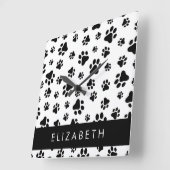 Paw Pattern, Dog Paws, Black and White, Jouw naam Vierkante Klok (Hoek)