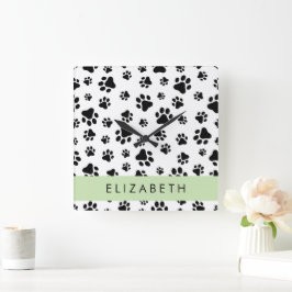 Paw Pattern, Dog Paws, Black and White, Jouw naam Vierkante Klok