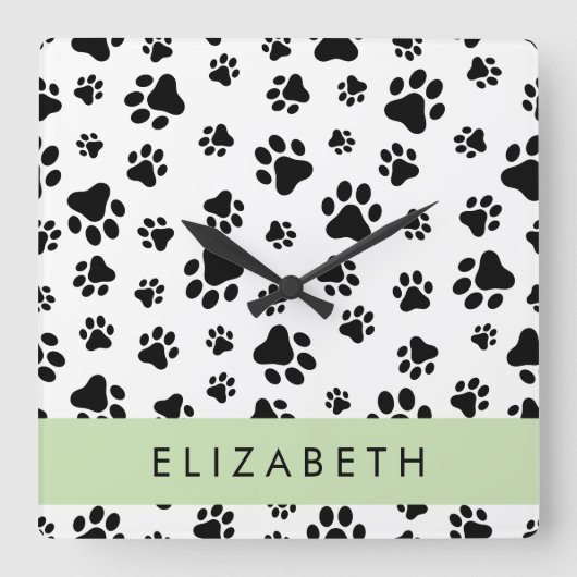 Paw Pattern, Dog Paws, Black and White, Jouw naam Vierkante Klok (Voorkant)