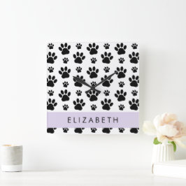 Paw Pattern, Dog Paws, Black and White, Jouw naam Vierkante Klok