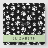 Paw Pattern, Dog Paws, Black and White, Jouw naam Vierkante Klok (Voorkant)