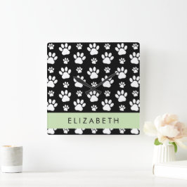 Paw Pattern, Dog Paws, Black and White, Jouw naam Vierkante Klok