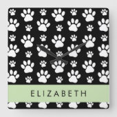 Paw Pattern, Dog Paws, Black and White, Jouw naam Vierkante Klok (Voorkant)