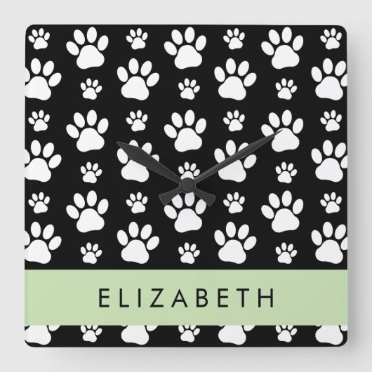 Paw Pattern, Dog Paws, Black and White, Jouw naam Vierkante Klok (Voorkant)