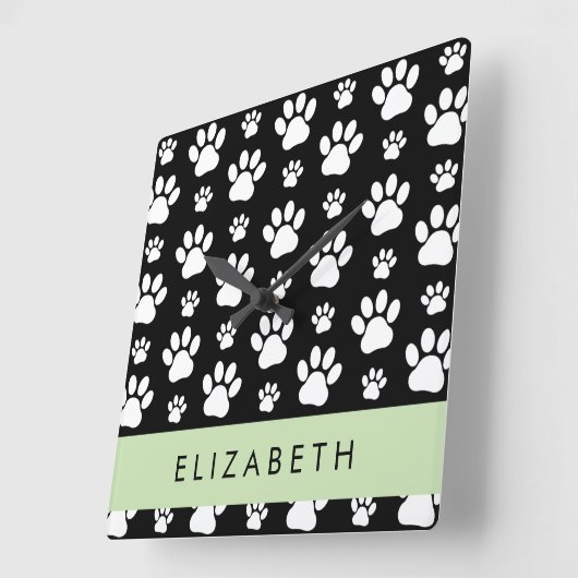 Paw Pattern, Dog Paws, Black and White, Jouw naam Vierkante Klok (Hoek)