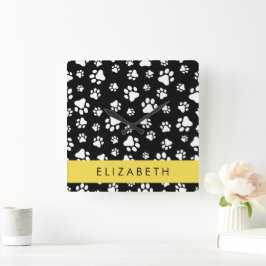 Paw Pattern, Dog Paws, Black and White, Jouw naam Vierkante Klok